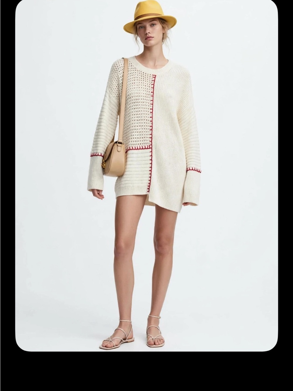 Ivory Open-Knit Patchwork Sweater with Red Stitching